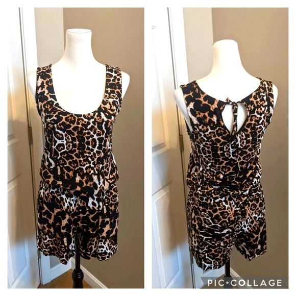 VENUS animal print tank top & shorts romper, black/tan/white, S - Picture 1 of 9